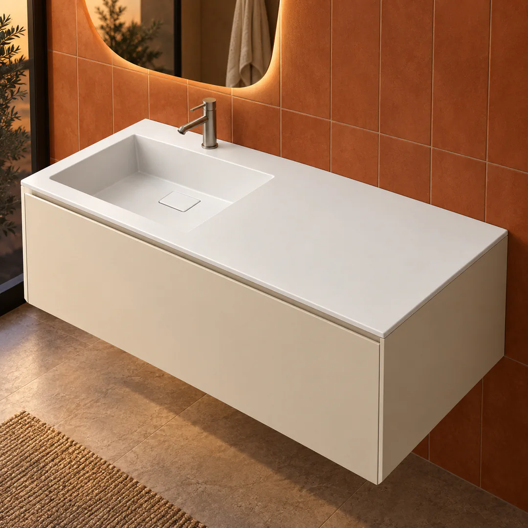 Lavabo consolle in Tekno – Arbi Juno 121 SX – Bianco – Con foro rubinetto - Ambientata