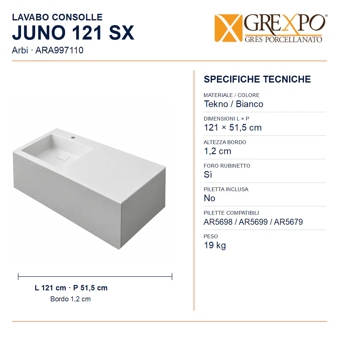 Lavabo consolle in Tekno – Arbi Juno 121 SX – Bianco – Con foro rubinetto - Misure