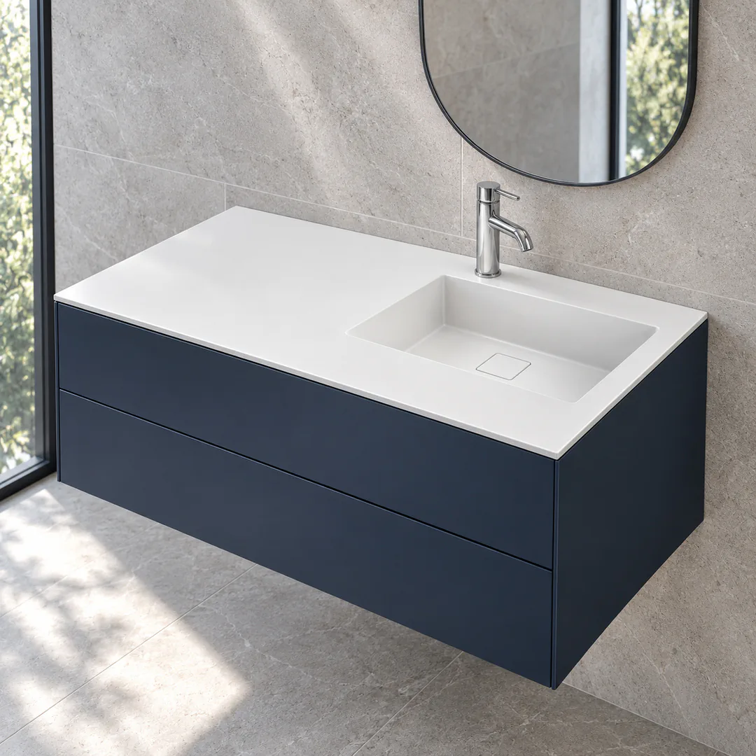 Lavabo consolle in Tekno – Arbi Juno 121 DX – Bianco – Con foro rubinetto - Ambientata