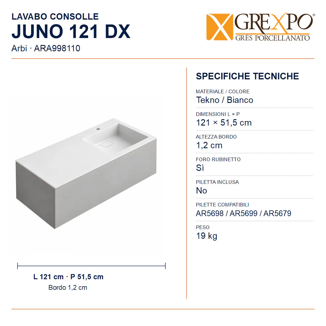 Lavabo consolle in Tekno – Arbi Juno 121 DX – Bianco – Con foro rubinetto - Misure