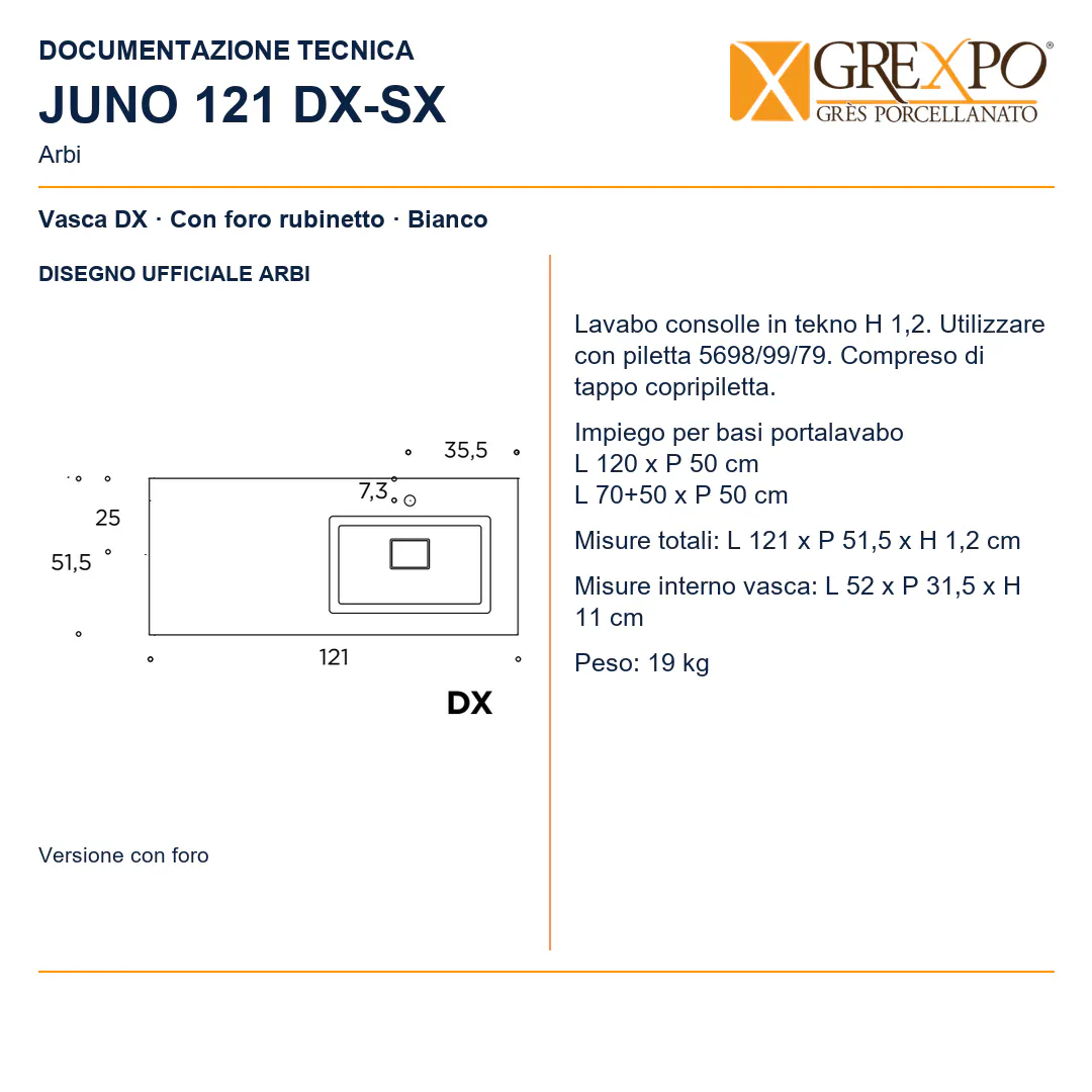 Lavabo consolle in Tekno – Arbi Juno 121 DX – Bianco – Con foro rubinetto - Disegno tecnico ARBI