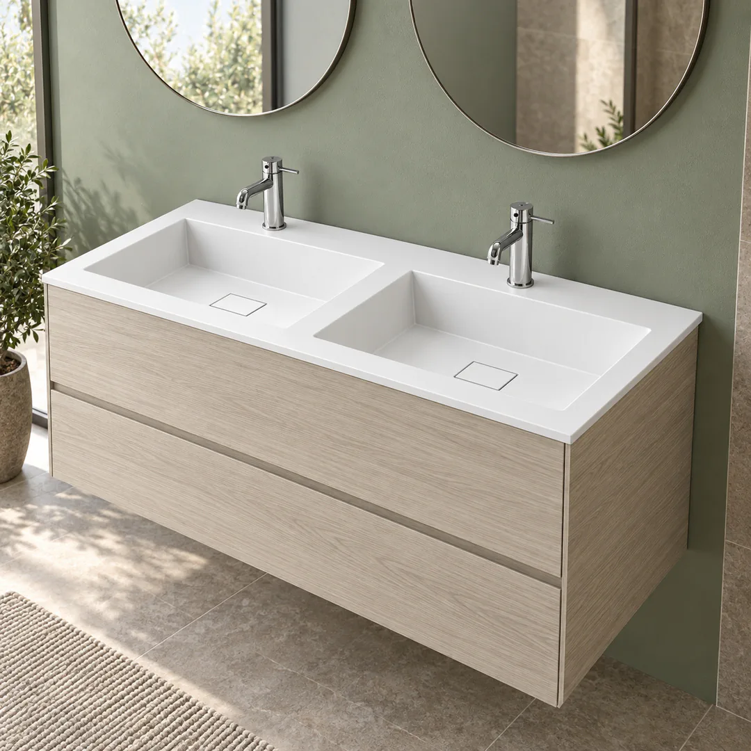 Lavabo consolle in Tekno – Arbi Juno 121 Doppio – Bianco – Con foro rubinetto - Ambientata