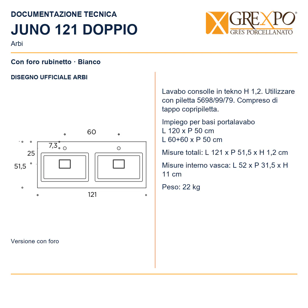 Lavabo consolle in Tekno – Arbi Juno 121 Doppio – Bianco – Con foro rubinetto - Disegno tecnico ARBI