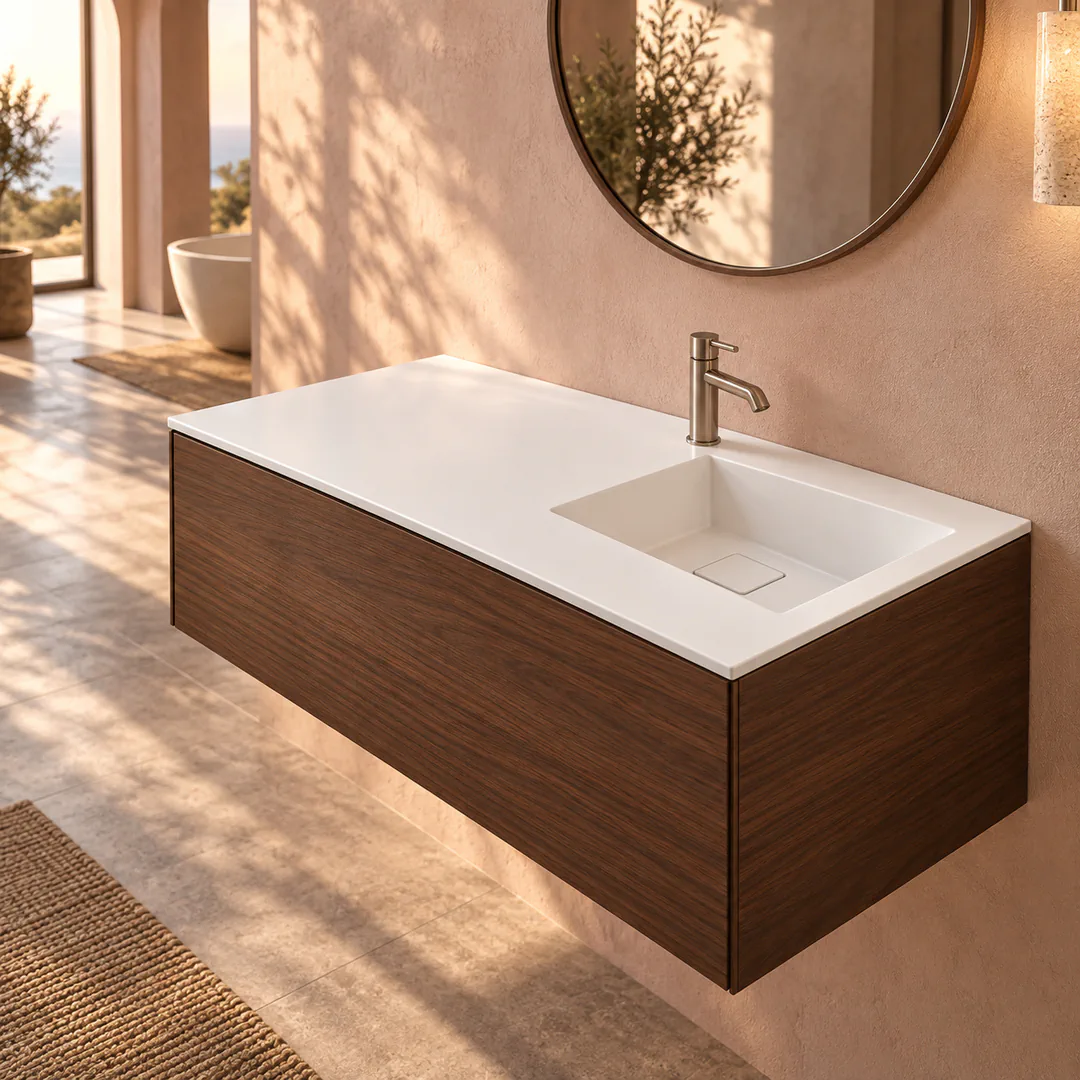 Lavabo consolle in Tekno – Arbi Juno 141 DX – Bianco – Con foro rubinetto - Ambientata