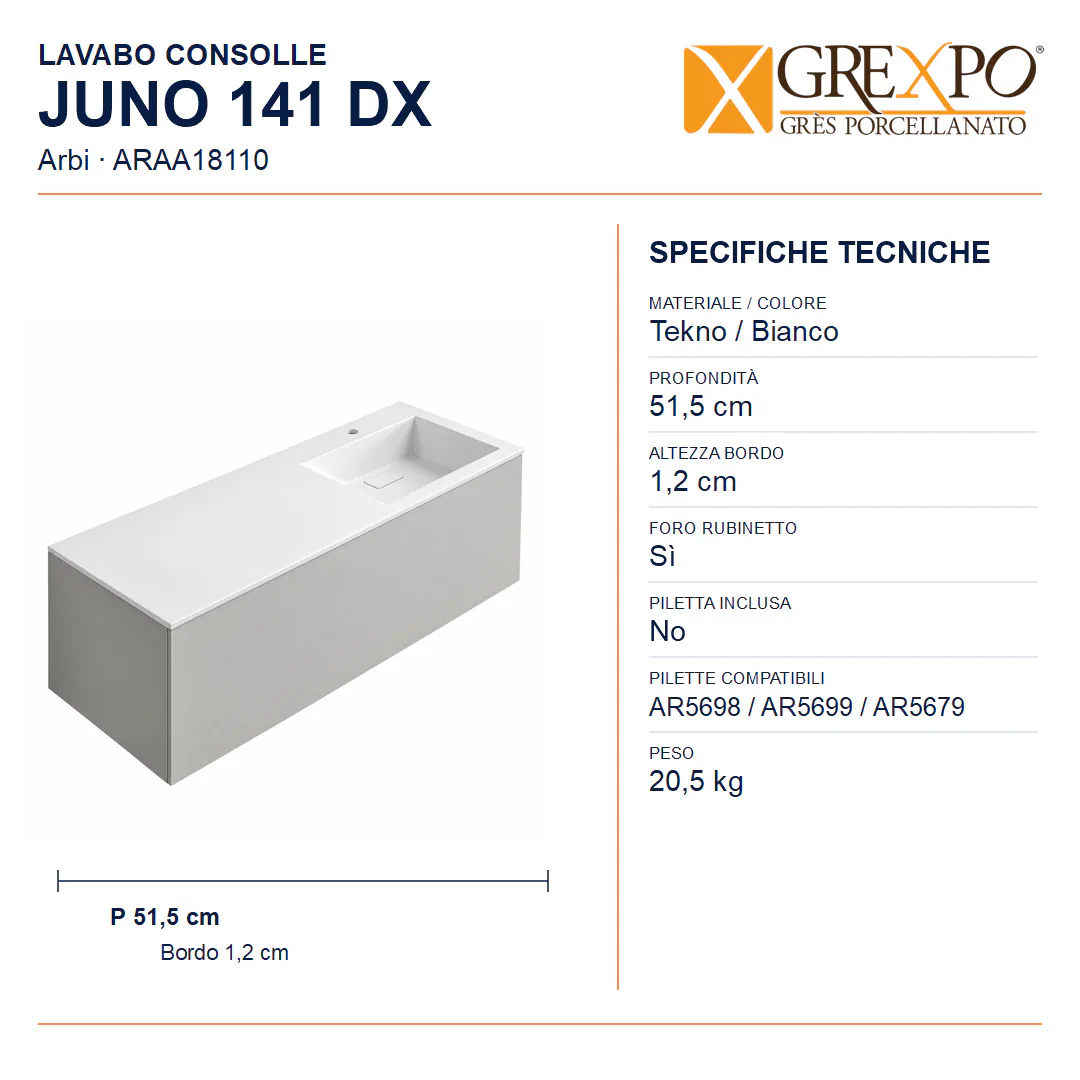 Lavabo consolle in Tekno – Arbi Juno 141 DX – Bianco – Con foro rubinetto - Misure