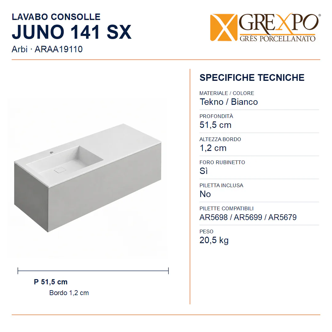 Lavabo consolle in Tekno – Arbi Juno 141 SX – Bianco – Con foro rubinetto - Misure