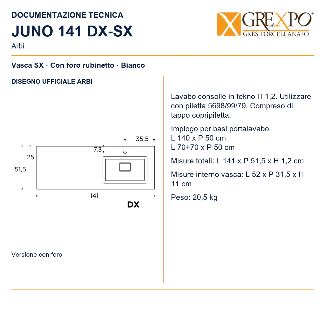 Lavabo consolle in Tekno – Arbi Juno 141 SX – Bianco – Con foro rubinetto - Disegno tecnico ARBI