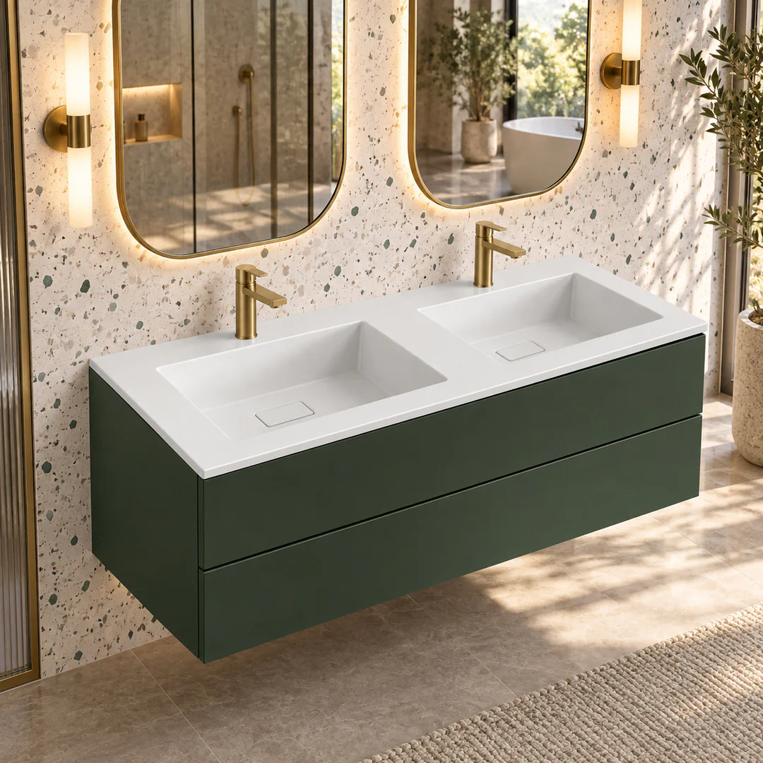 Lavabo consolle in Tekno – Arbi Juno 141 Doppio – Bianco – Con foro rubinetto - Ambientata