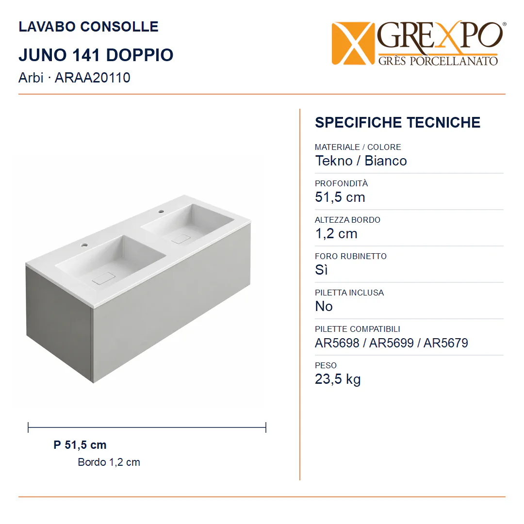Lavabo consolle in Tekno – Arbi Juno 141 Doppio – Bianco – Con foro rubinetto - Misure