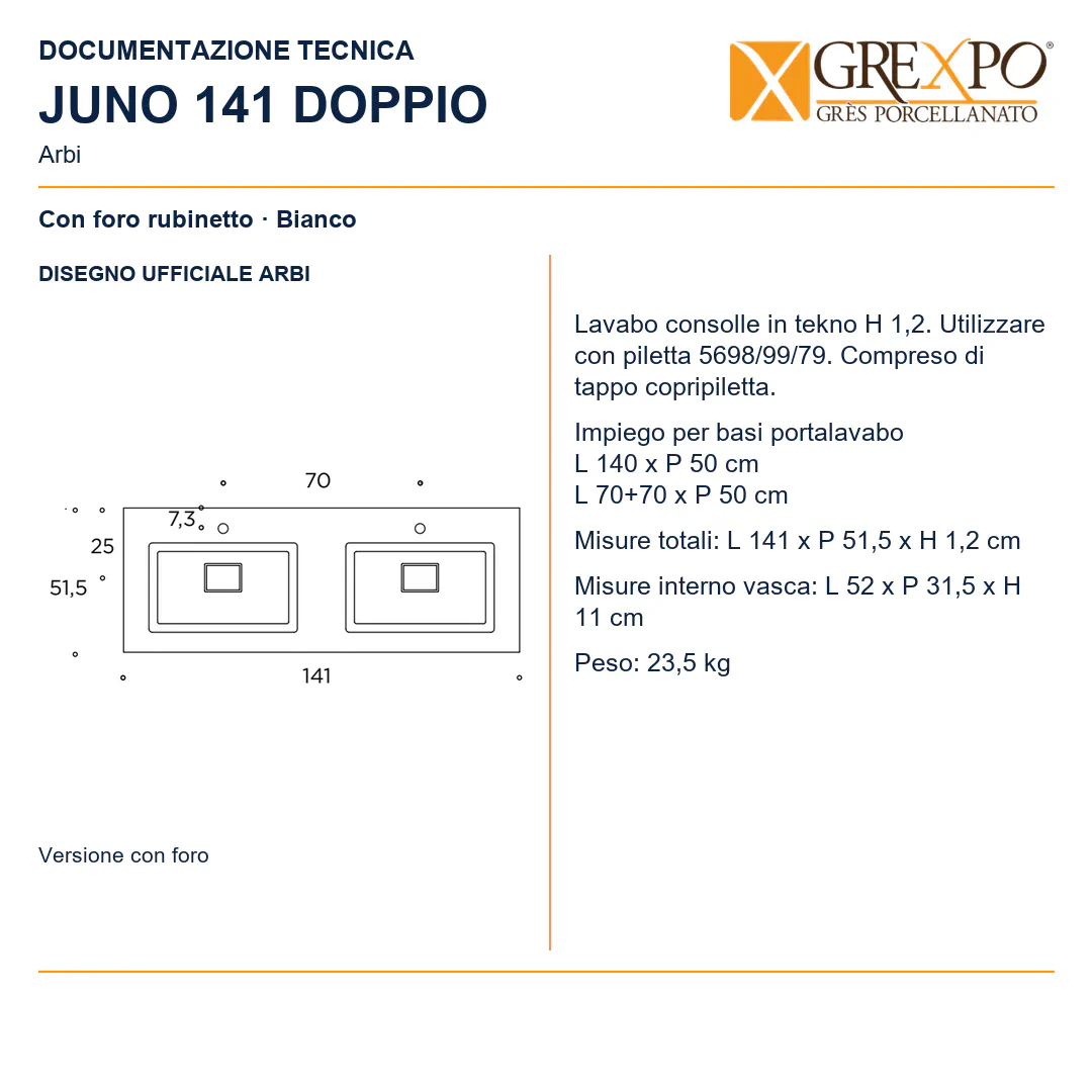 Lavabo consolle in Tekno – Arbi Juno 141 Doppio – Bianco – Con foro rubinetto - Disegno tecnico ARBI