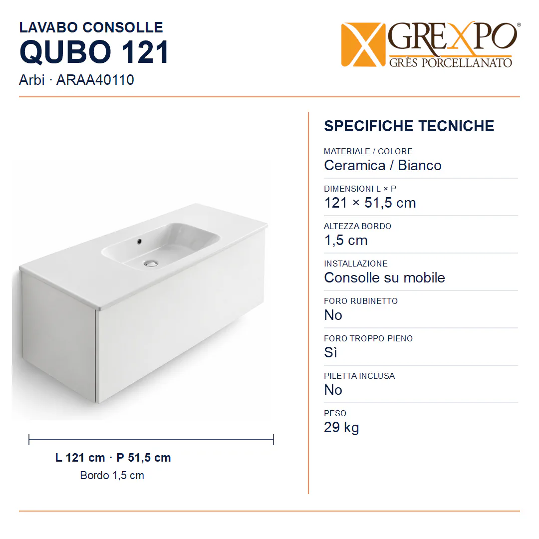 Lavabo consolle in Ceramica – Arbi Qubo 121 – Bianco – Senza foro rubinetto - Misure
