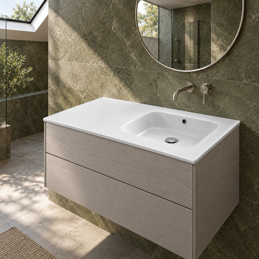 Lavabo consolle in Ceramica – Arbi Qubo 106 DX – Bianco - Ambientata