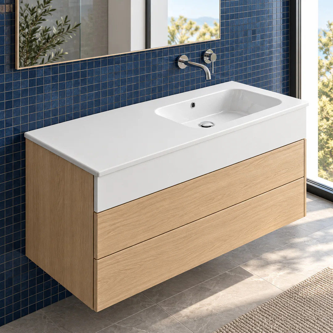 Lavabo consolle in Ceramica – Arbi Qubo 121 DX – Bianco – Senza foro rubinetto - Ambientata