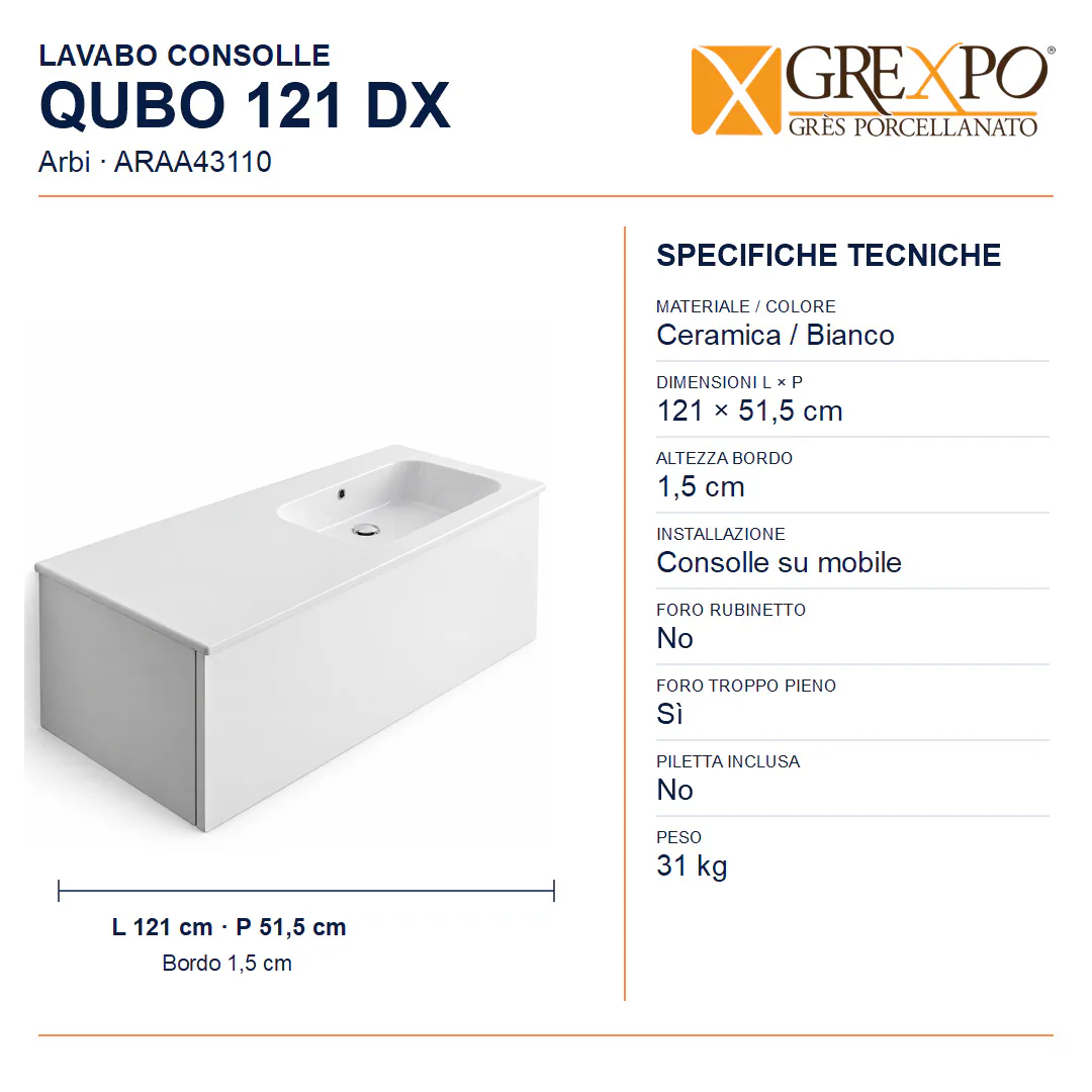 Lavabo consolle in Ceramica – Arbi Qubo 121 DX – Bianco – Senza foro rubinetto - Misure