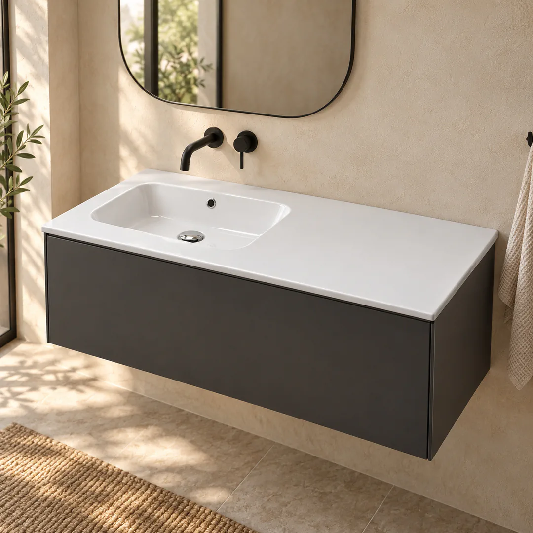 Lavabo consolle in Ceramica – Arbi Qubo 121 SX – Bianco – Senza foro rubinetto - Ambientata