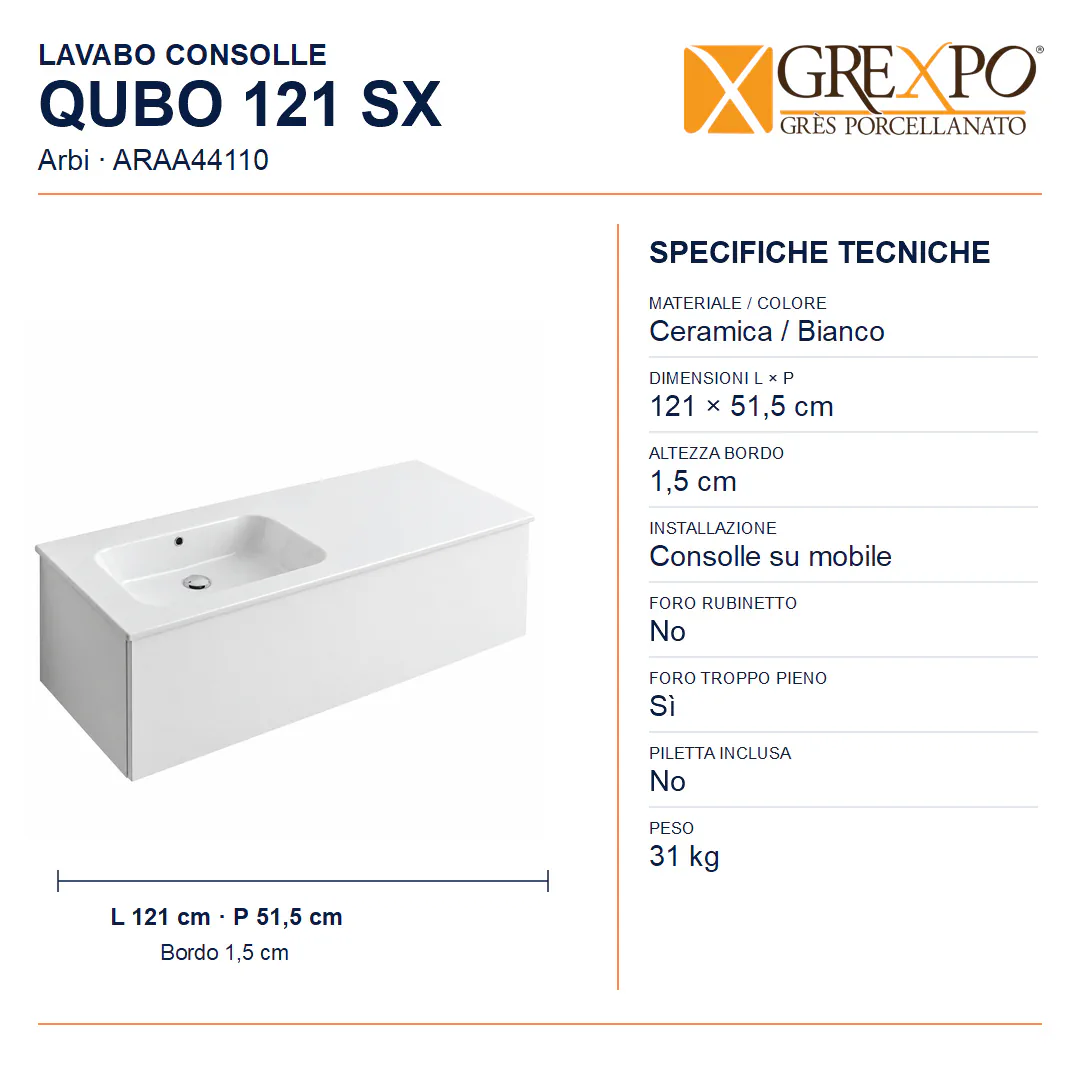 Lavabo consolle in Ceramica – Arbi Qubo 121 SX – Bianco – Senza foro rubinetto - Misure