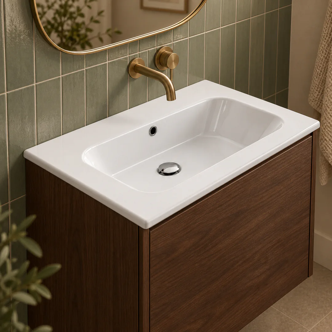 Lavabo consolle in Ceramica – Arbi Qubo 71 – Bianco – Senza foro rubinetto - Ambientata