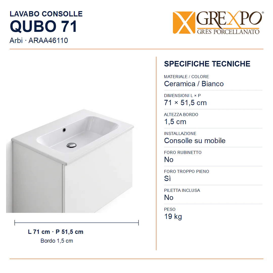 Lavabo consolle in Ceramica – Arbi Qubo 71 – Bianco – Senza foro rubinetto - Misure