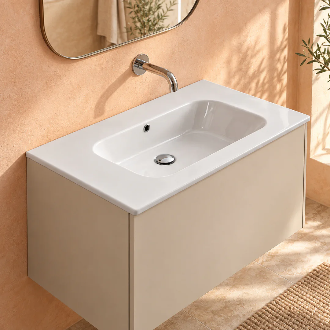 Lavabo consolle in Ceramica – Arbi Qubo 86 – Bianco – Senza foro rubinetto - Ambientata