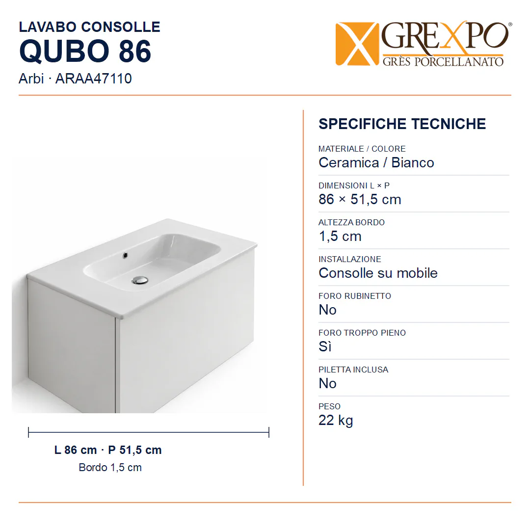 Lavabo consolle in Ceramica – Arbi Qubo 86 – Bianco – Senza foro rubinetto - Misure