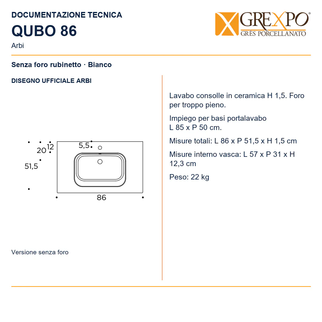 Lavabo consolle in Ceramica – Arbi Qubo 86 – Bianco – Senza foro rubinetto - Disegno tecnico ARBI