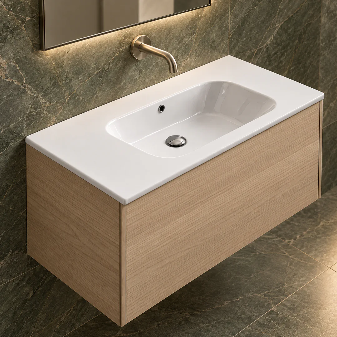 Lavabo consolle in Ceramica – Arbi Qubo 96 – Bianco – Senza foro rubinetto - Ambientata