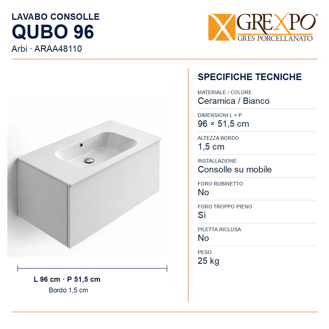 Lavabo consolle in Ceramica – Arbi Qubo 96 – Bianco – Senza foro rubinetto - Misure