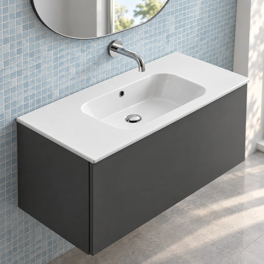 Lavabo consolle in Ceramica – Arbi Qubo 106 – Bianco – Senza foro rubinetto - Ambientata