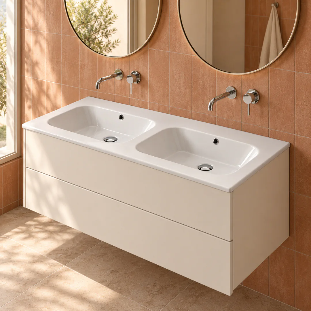Lavabo consolle in Ceramica – Arbi Qubo 121 Doppio – Bianco – Senza foro rubinetto - Ambientata
