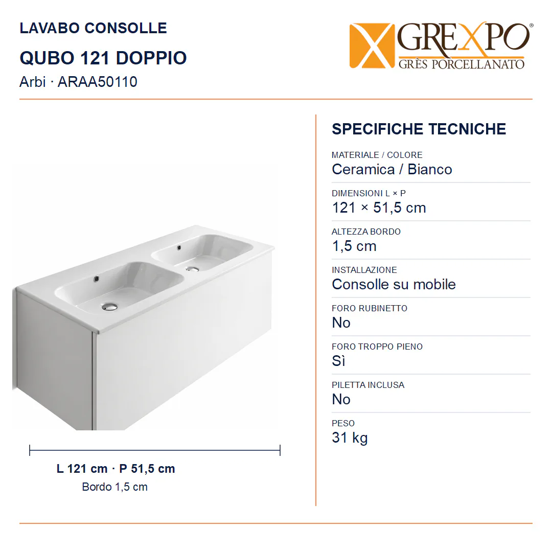 Lavabo consolle in Ceramica – Arbi Qubo 121 Doppio – Bianco – Senza foro rubinetto - Misure