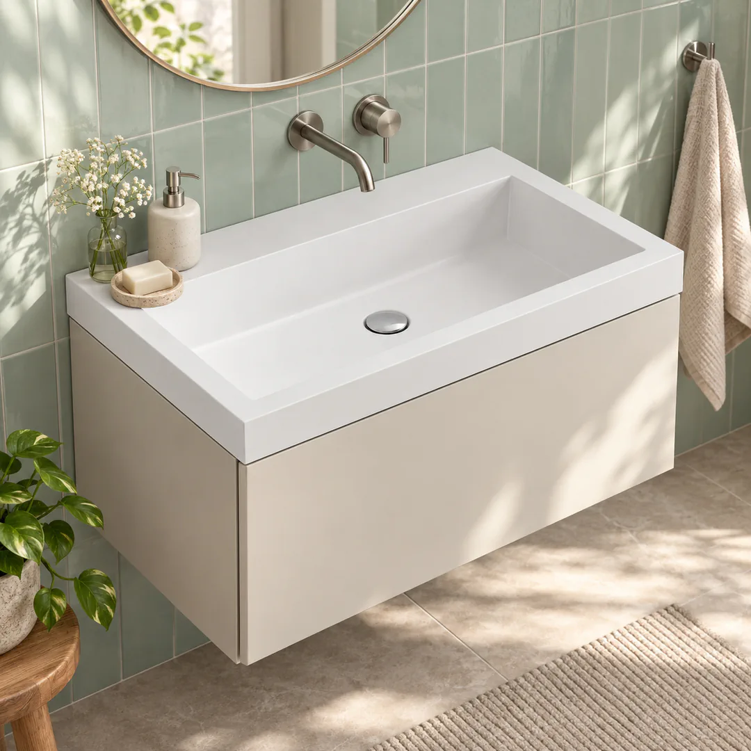 Lavabo consolle in Mineralguss – Arbi Olly 61 – Mineralmarmo Bianco – Senza foro rubinetto - Ambientata