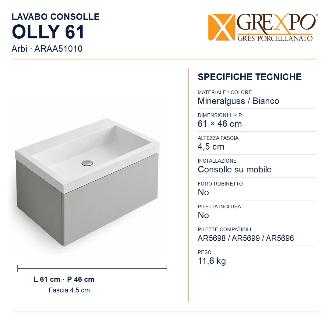 Lavabo consolle in Mineralguss – Arbi Olly 61 – Mineralmarmo Bianco – Senza foro rubinetto - Misure