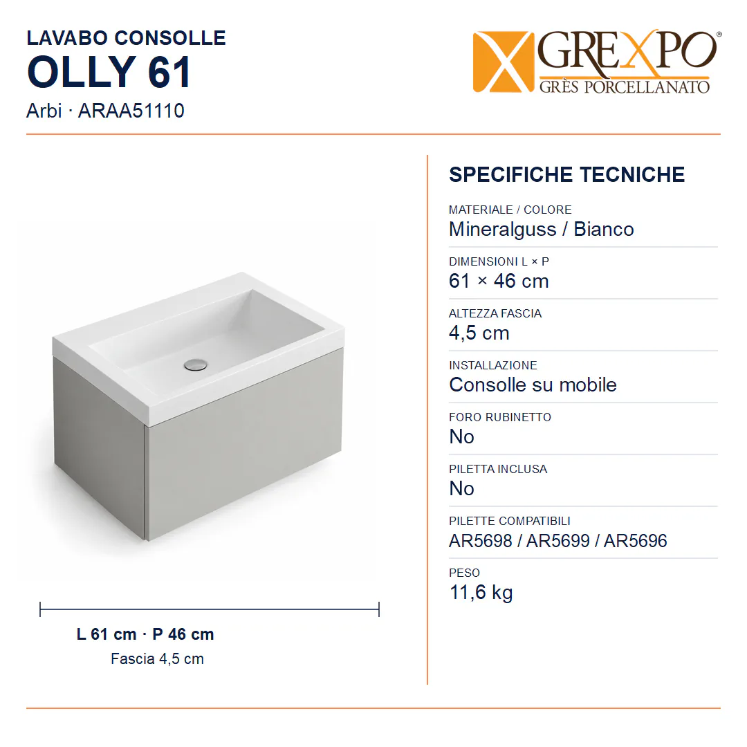 Lavabo consolle in Mineralguss – Arbi Olly 61 – Bianco – Senza foro rubinetto - Misure