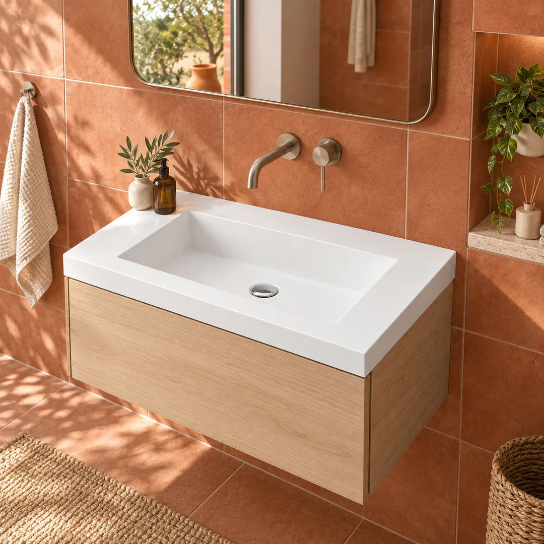 Lavabo consolle in Mineralguss – Arbi Olly 71 – Mineralmarmo Bianco – Senza foro rubinetto - Ambientata