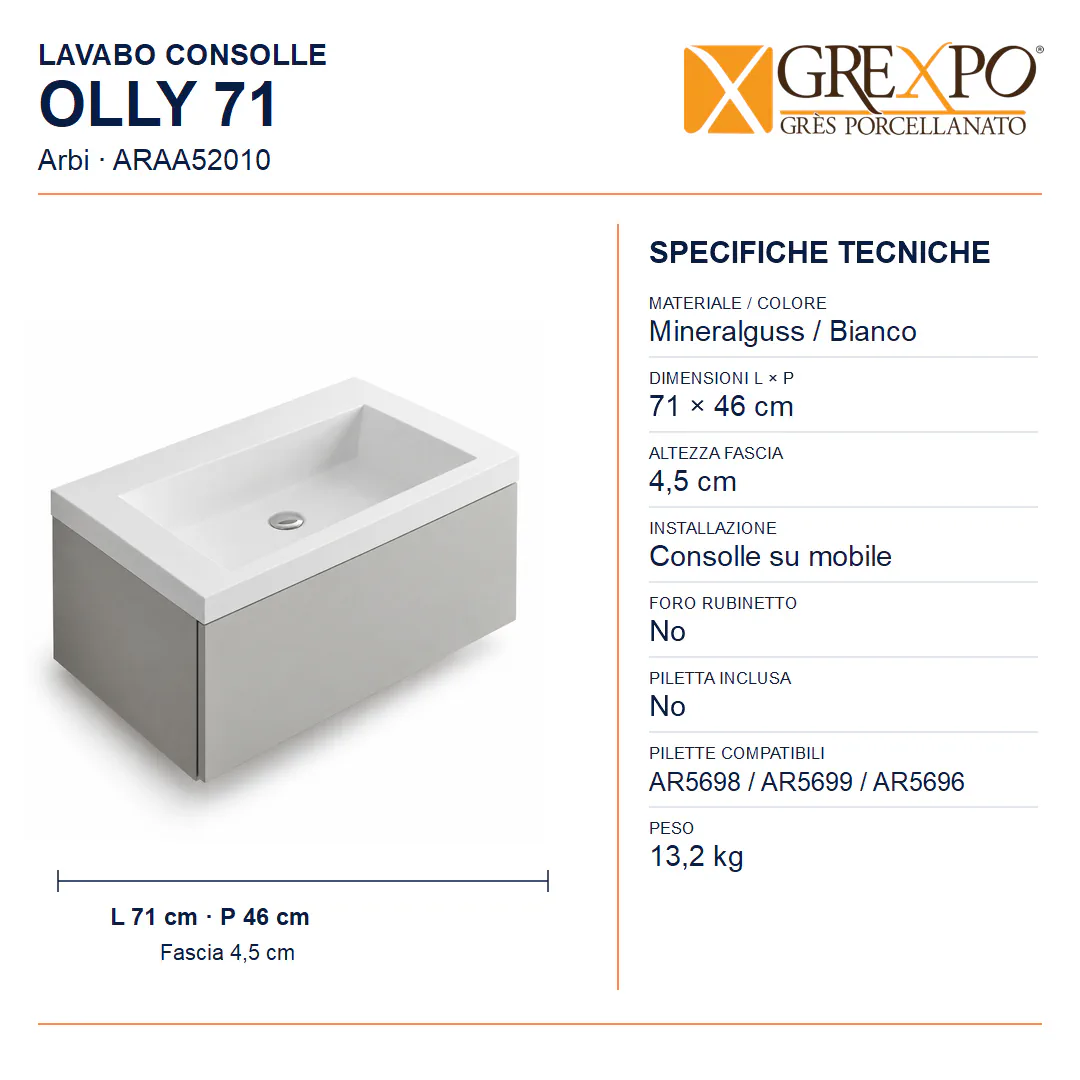 Lavabo consolle in Mineralguss – Arbi Olly 71 – Mineralmarmo Bianco – Senza foro rubinetto - Misure