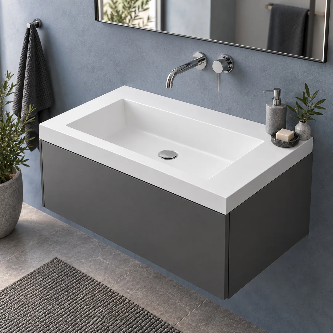 Lavabo consolle in Mineralguss – Arbi Olly 71 – Bianco – Senza foro rubinetto - Ambientata