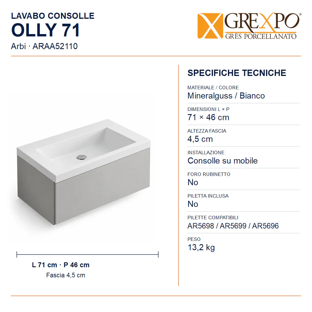 Lavabo consolle in Mineralguss – Arbi Olly 71 – Bianco – Senza foro rubinetto - Misure
