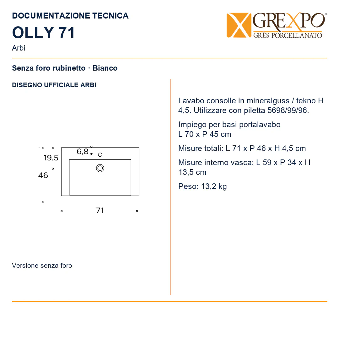 Lavabo consolle in Mineralguss – Arbi Olly 71 – Bianco – Senza foro rubinetto - Disegno tecnico ARBI