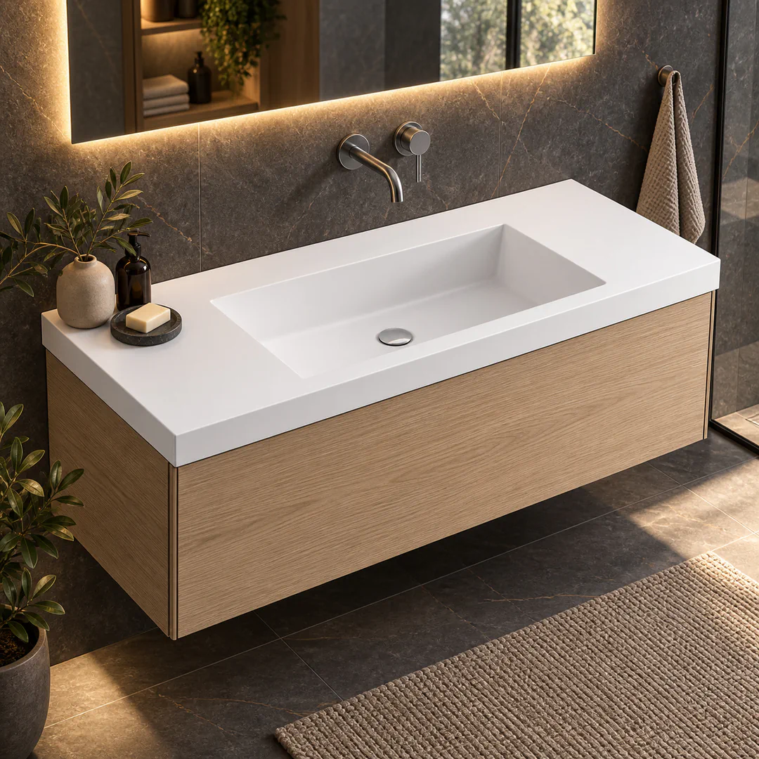 Lavabo consolle in Mineralguss – Arbi Olly 121 – Mineralmarmo Bianco – Senza foro rubinetto - Ambientata