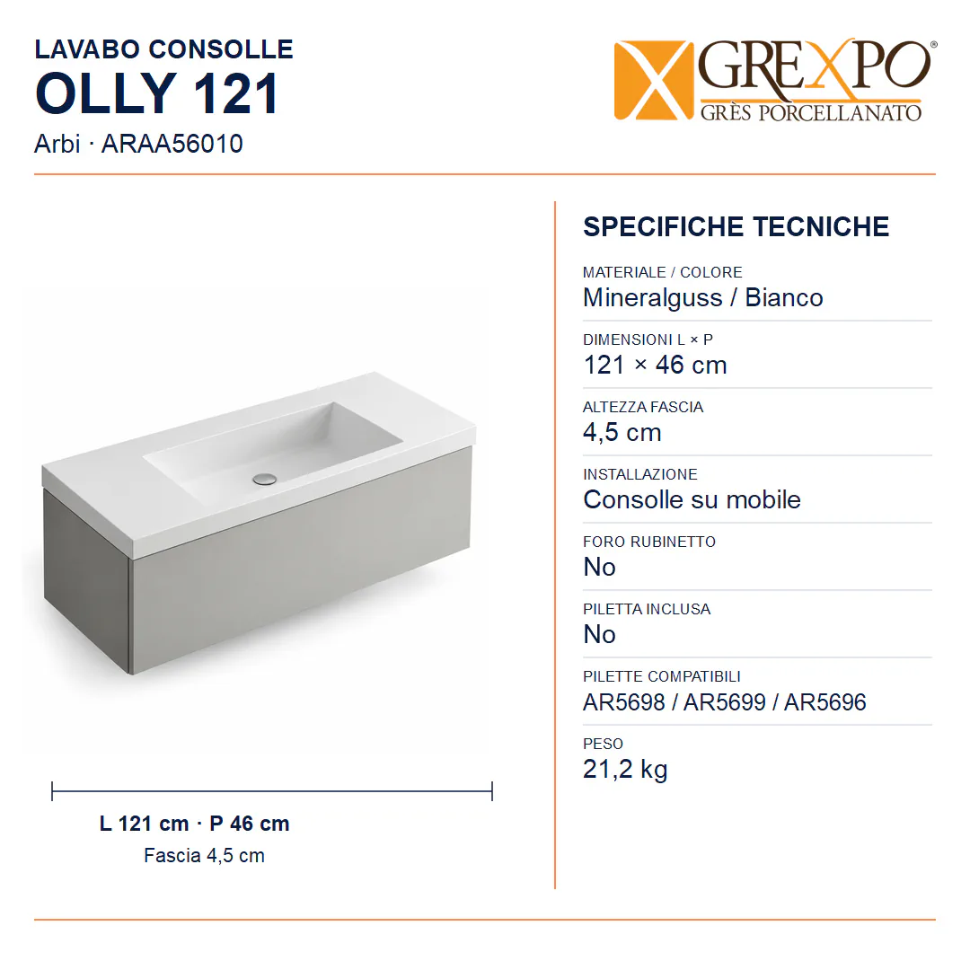 Lavabo consolle in Mineralguss – Arbi Olly 121 – Mineralmarmo Bianco – Senza foro rubinetto - Misure