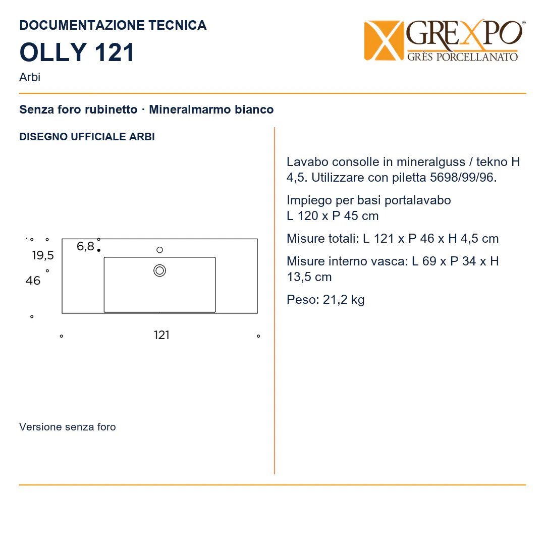 Lavabo consolle in Mineralguss – Arbi Olly 121 – Mineralmarmo Bianco – Senza foro rubinetto - Disegno tecnico ARBI