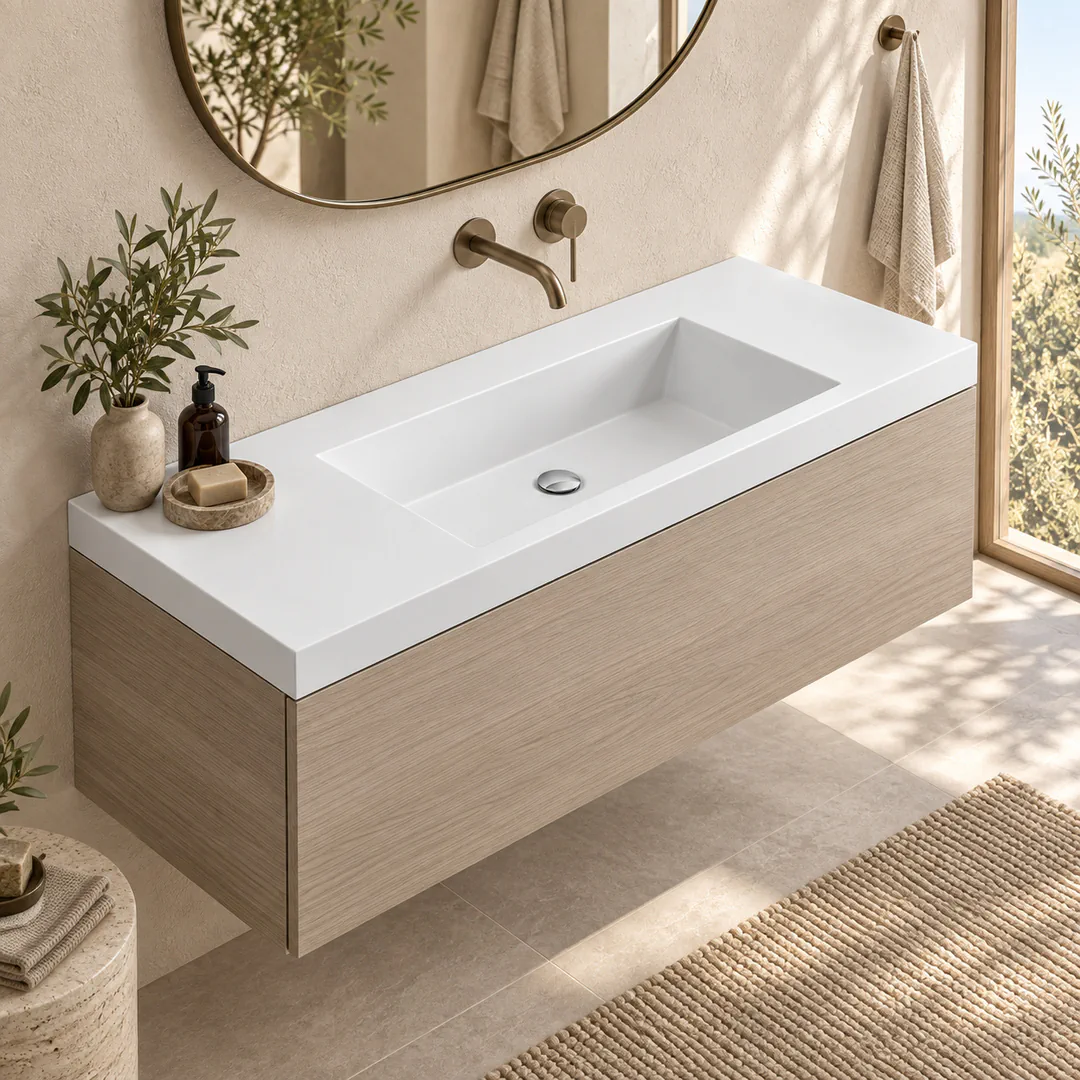 Lavabo consolle in Mineralguss – Arbi Olly 121 – Bianco – Senza foro rubinetto - Ambientata