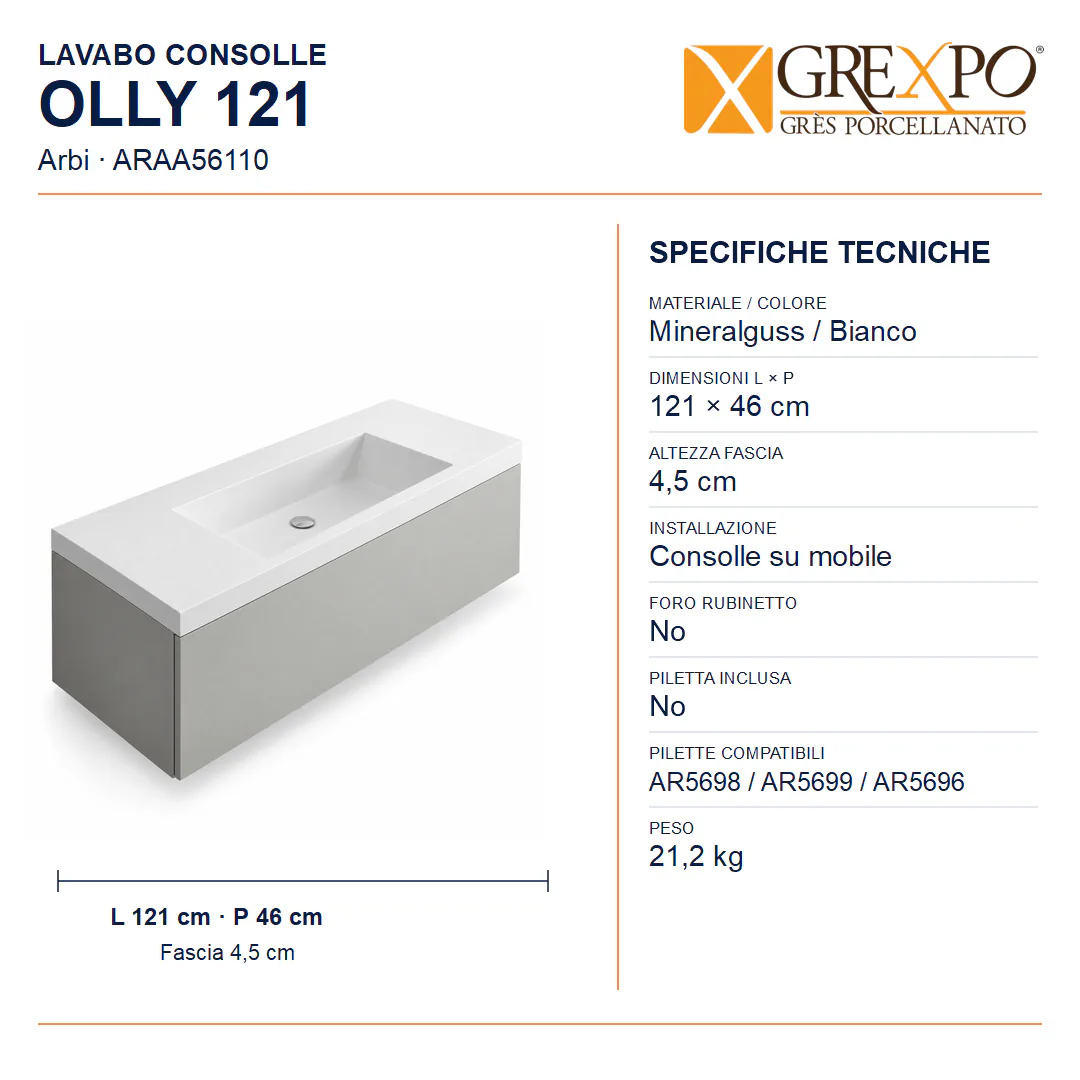 Lavabo consolle in Mineralguss – Arbi Olly 121 – Bianco – Senza foro rubinetto - Misure