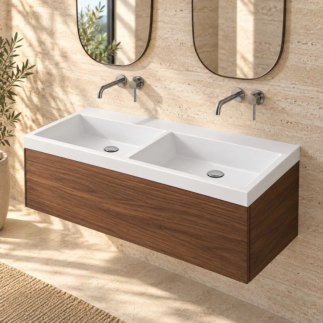 Lavabo consolle in Mineralguss – Arbi Olly 121 Doppio – Mineralmarmo Bianco – Senza foro rubinetto - Ambientata