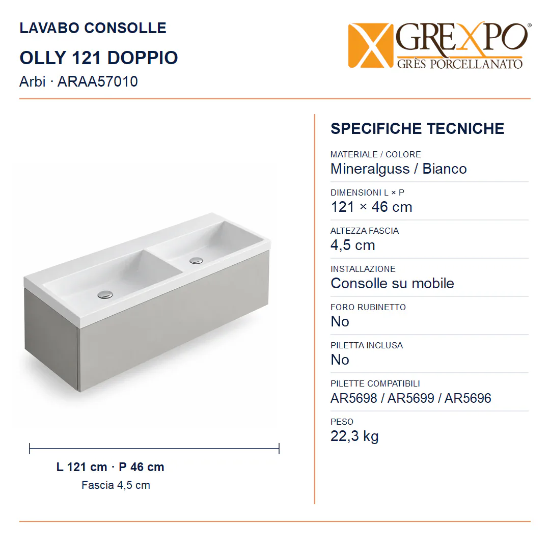 Lavabo consolle in Mineralguss – Arbi Olly 121 Doppio – Mineralmarmo Bianco – Senza foro rubinetto - Misure