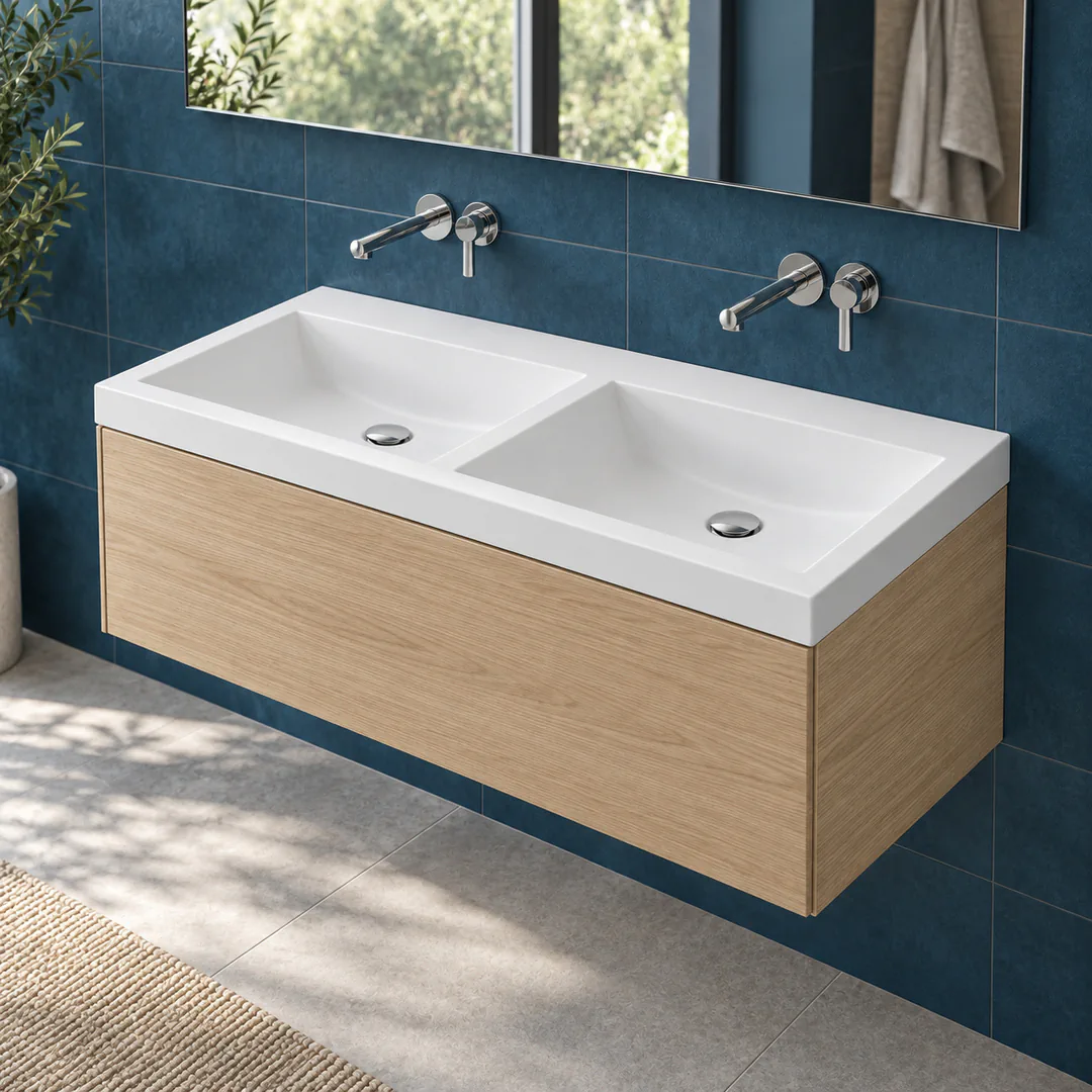Lavabo consolle in Mineralguss – Arbi Olly 121 Doppio – Bianco – Senza foro rubinetto - Ambientata