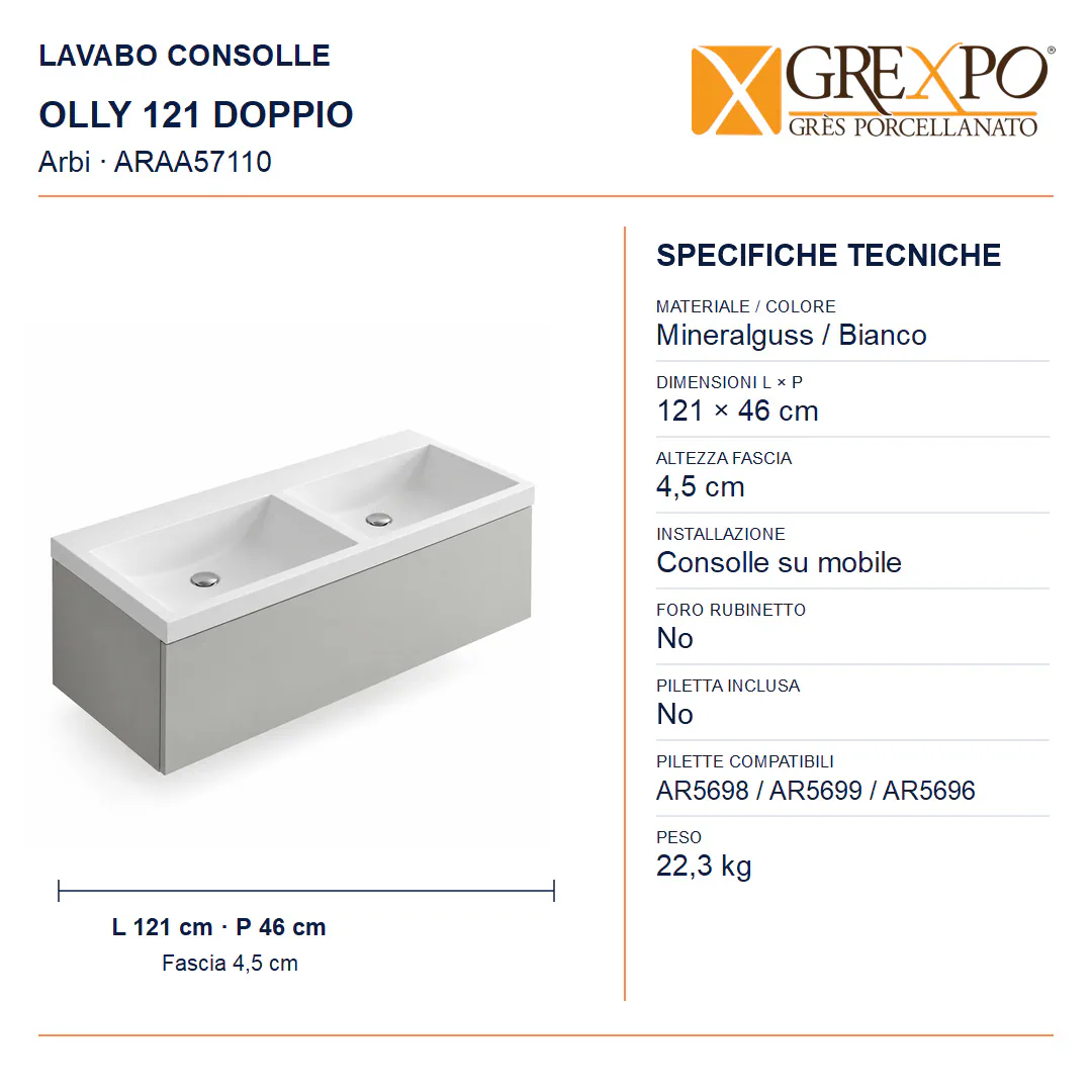 Lavabo consolle in Mineralguss – Arbi Olly 121 Doppio – Bianco – Senza foro rubinetto - Misure