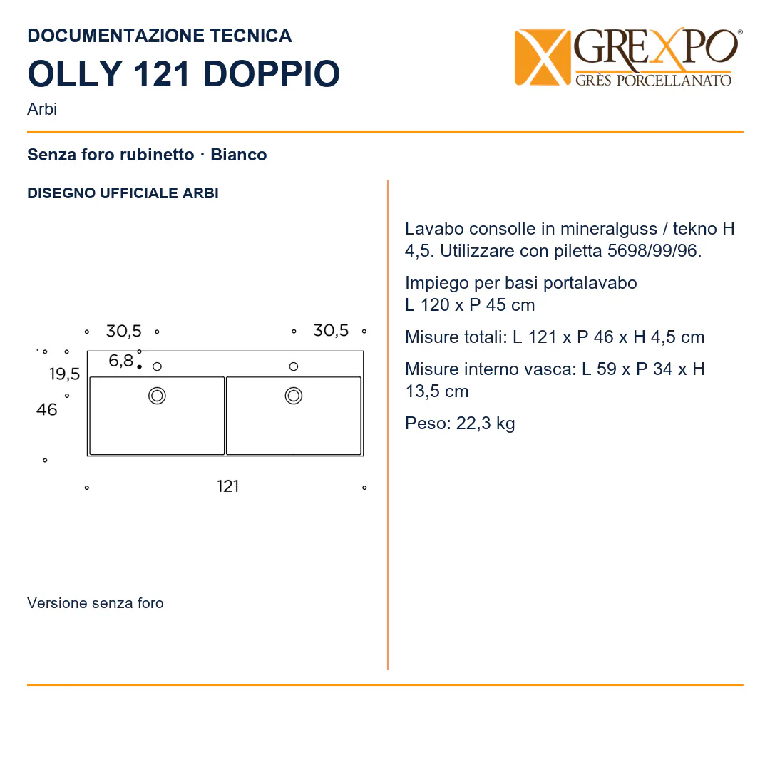 Lavabo consolle in Mineralguss – Arbi Olly 121 Doppio – Bianco – Senza foro rubinetto - Disegno tecnico ARBI