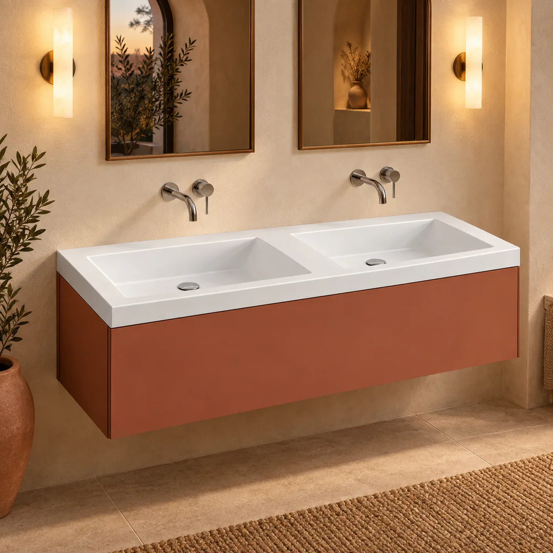 Lavabo consolle in Mineralguss – Arbi Olly 141 – Mineralmarmo Bianco – Senza foro rubinetto - Ambientata