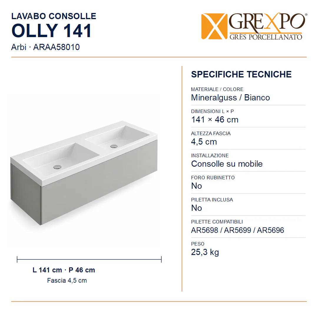Lavabo consolle in Mineralguss – Arbi Olly 141 – Mineralmarmo Bianco – Senza foro rubinetto - Misure